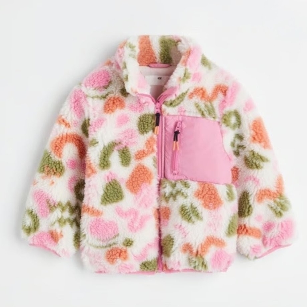 H&M Sherpa Fleece Jacket Zip-Up Pink Green Abstract Size 6/7